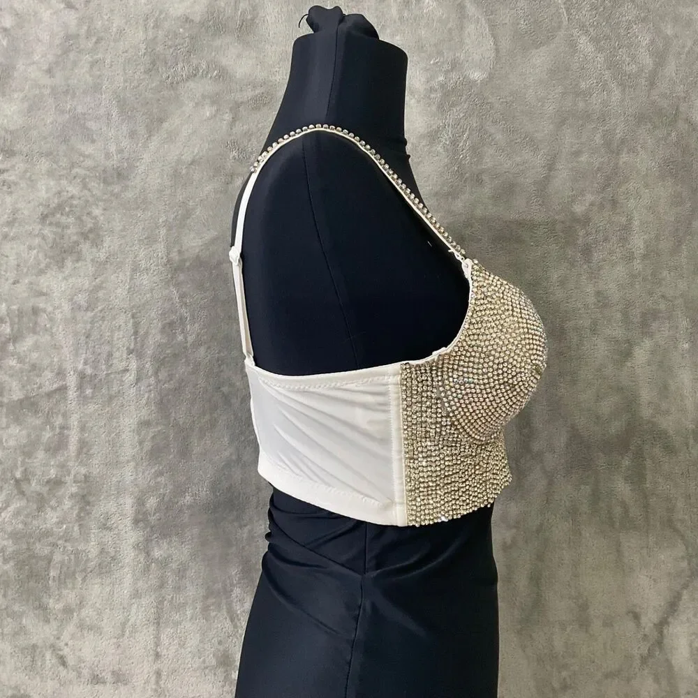 Windsor Women’s S Jeweled Rhinestone Embellished Bustier White Silver TLC *